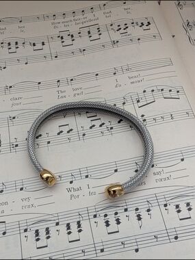 Silver Mesh Cuff Bracelet with Gold End Caps - Women Jewelry